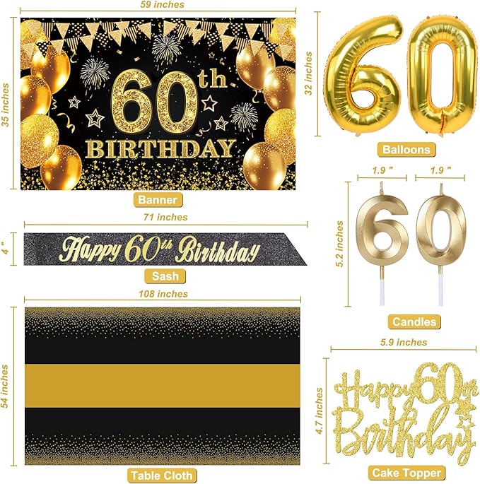 60th Birthday Decorations Men Women with 60th Birthday Banner Black