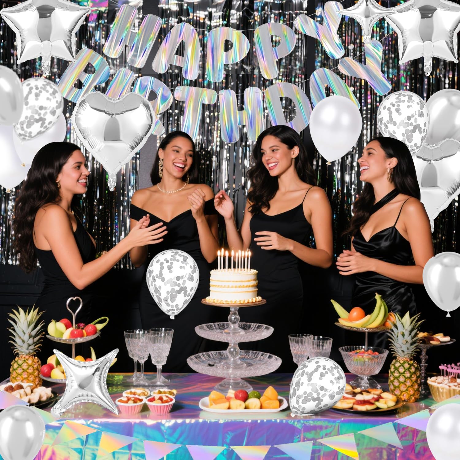 Silver Happy Birthday Decorations kit, Iridescent Happy Birthday