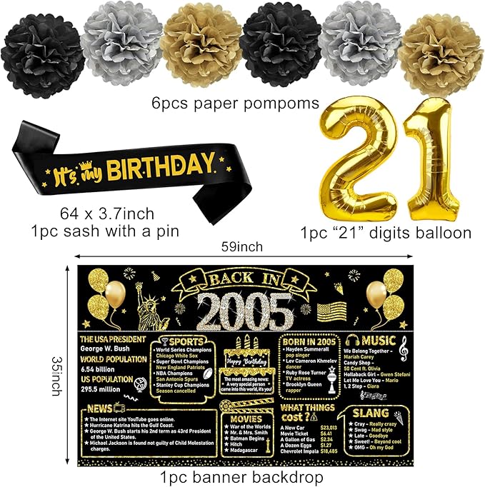 21st Birthday Decorations for Him 21pcs the Year 2005 Banner Balloon