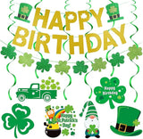 Gold Happy Birthday St Patricks Day Banner and Shamrock Garland,