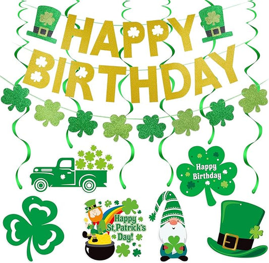 Gold Happy Birthday St Patricks Day Banner and Shamrock Garland,