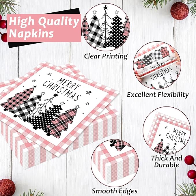 96PCS Merry Christmas Tree Party Plates and Napkins Pink Gingham
