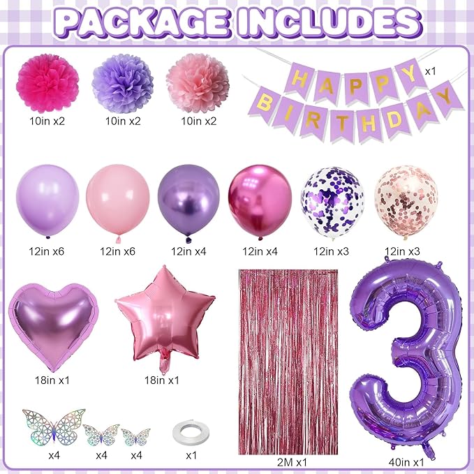 Pink Purple 3rd Birthday Party Decorations for Girls Number 3