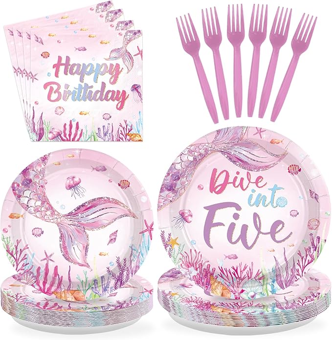 96Pcs Mermaid 5th Birthday Party Supplies Dive Into Five Party