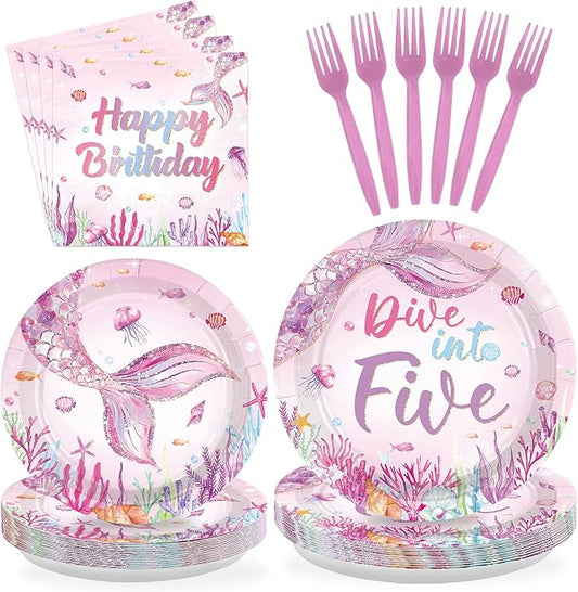 96Pcs Mermaid 5th Birthday Party Supplies Dive Into Five Party
