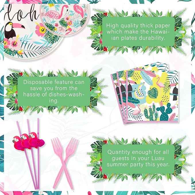 Hawaiian Luau Party Decorations Plates and Napkins Set Flamingo
