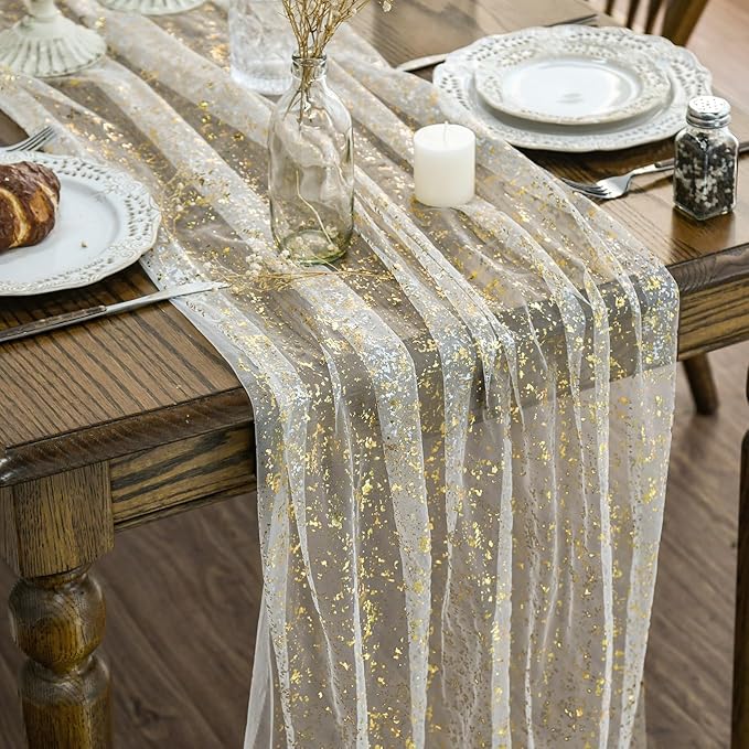 Artoid Mode 3Pcs Beige Gold Gauze Table Runner 120 Inch 10FT, Glitter