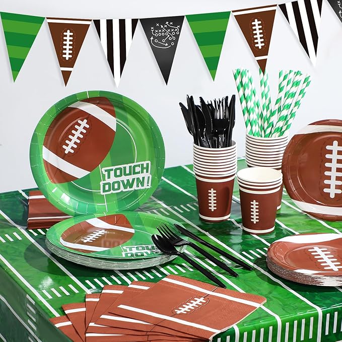 195 Pcs Football Party Supplies 24 Guest Disposable Dinnerware with