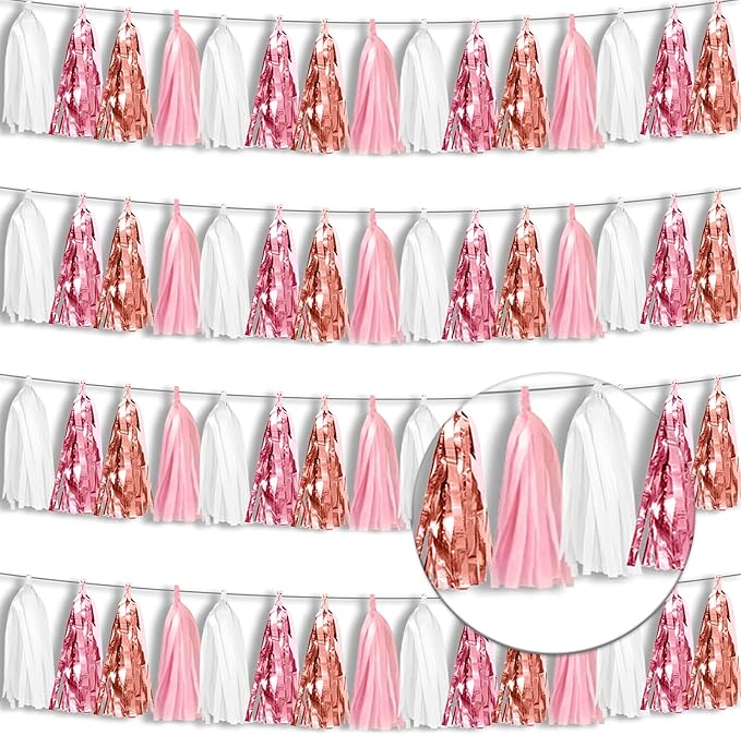 4P Rose-Gold Pink White Foil Fringe Tassel Banner Garland Metallic