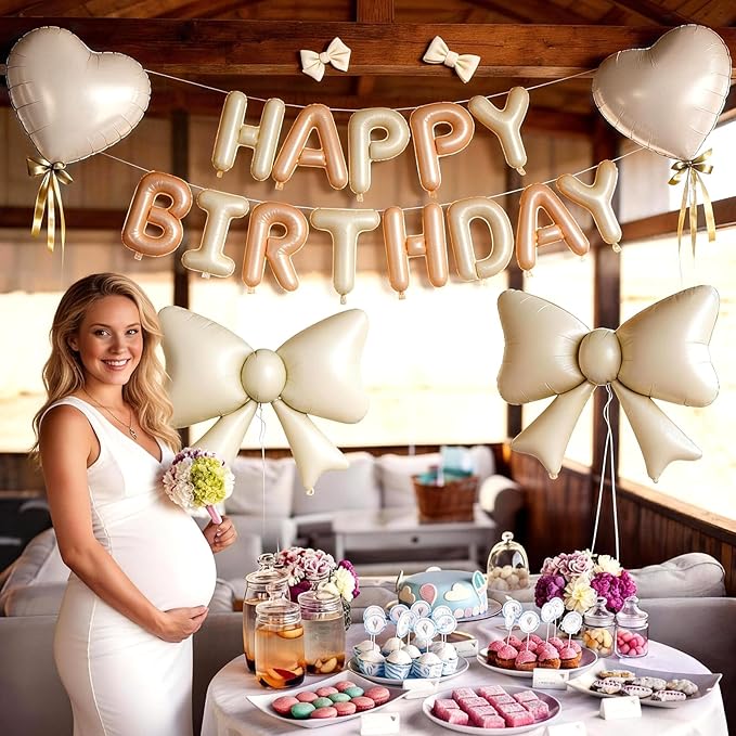 Beige Happy Birthday Balloon Banner, 38Inch Bow Aluminum Foil