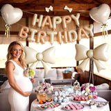 Beige Happy Birthday Balloon Banner, 38Inch Bow Aluminum Foil