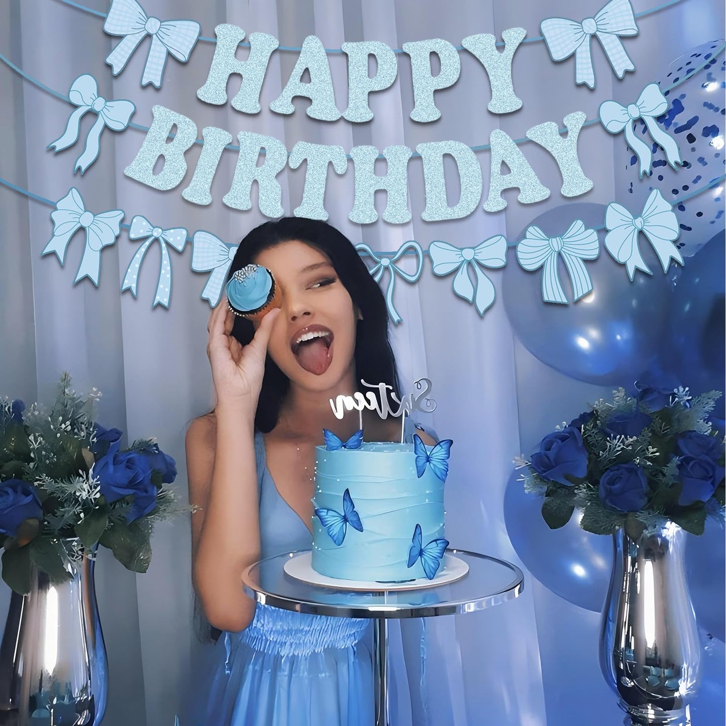 Pre-Strung Blue Bow Decorations Glitter Happy Birthday Banner Bow