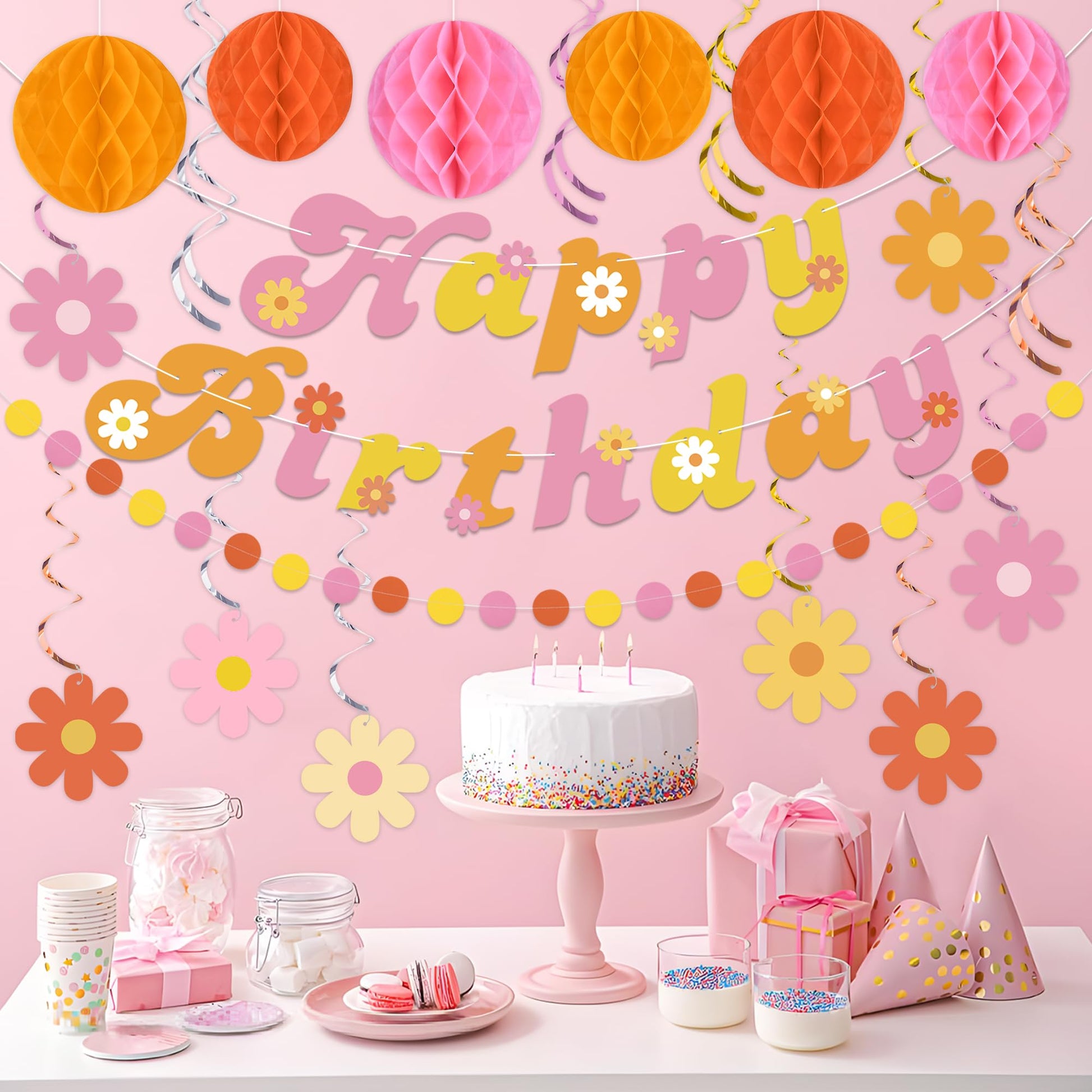 Daisy Groovy Party Decoration Boho Happy Birthday Banner Hanging