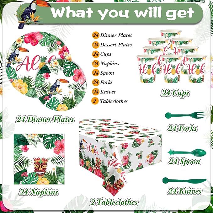 170 Pcs Hawaiian Luau Party Supplies Aloha Plates and Napkins Party