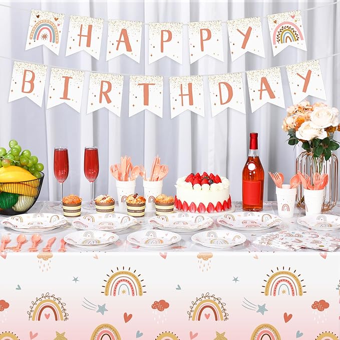 145 Pcs Boho Birthday Party Supplies Include Rainbow Plates