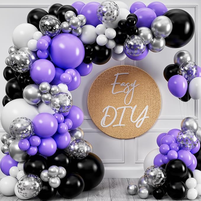 ALL-IN-1 Purple and Black White Balloons Garland & Arch Kit – Small