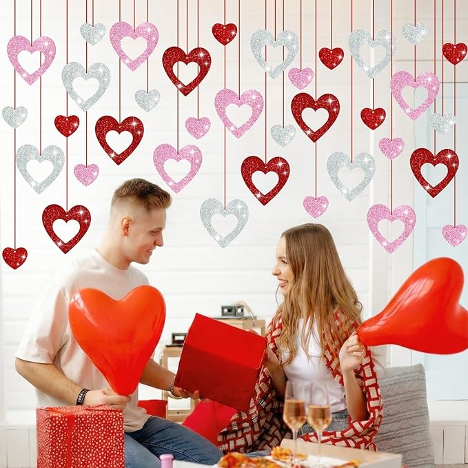 36PCS Valentine's Day Decorations Glitter Heart Hanging Swirls Red