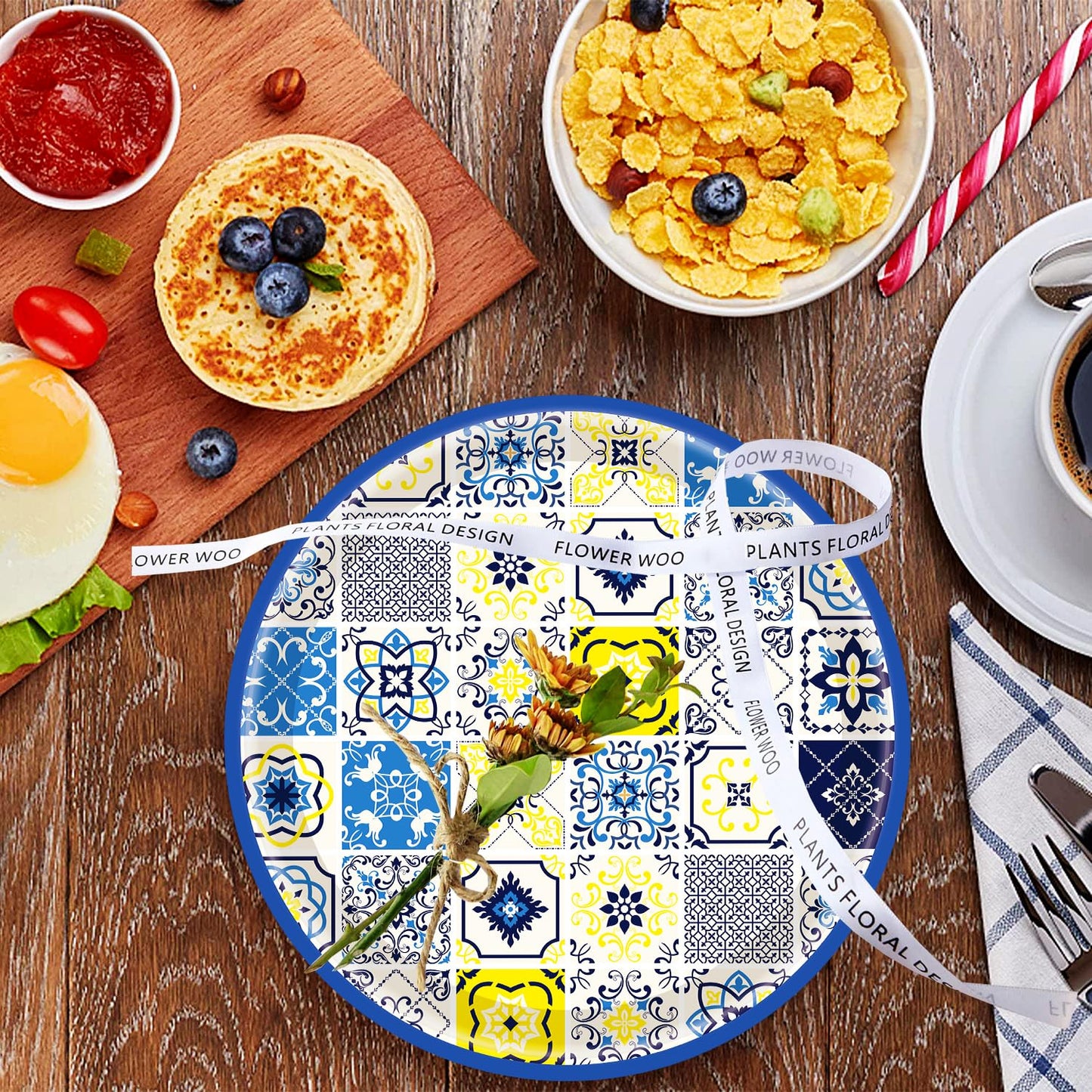 50PCS Capri Lemon Party Supplies 7"Capri Lemon Paper Plates Blue Tiles