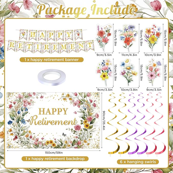 8pcs Floral Retirement Party Decorations for Women Wildflower Happy