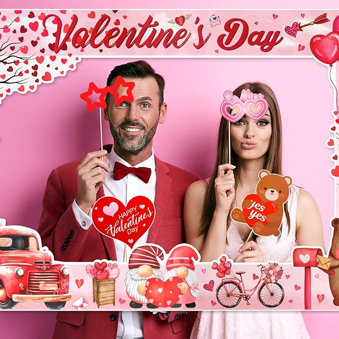 Happy Valentine's Day Photo Booth Props with Photo Frame Red and