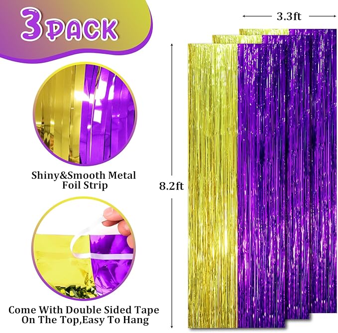 Voircoloria 3 Pack 3.3 x 8.2 ft Purple and Gold Foil Fringe Backdrop