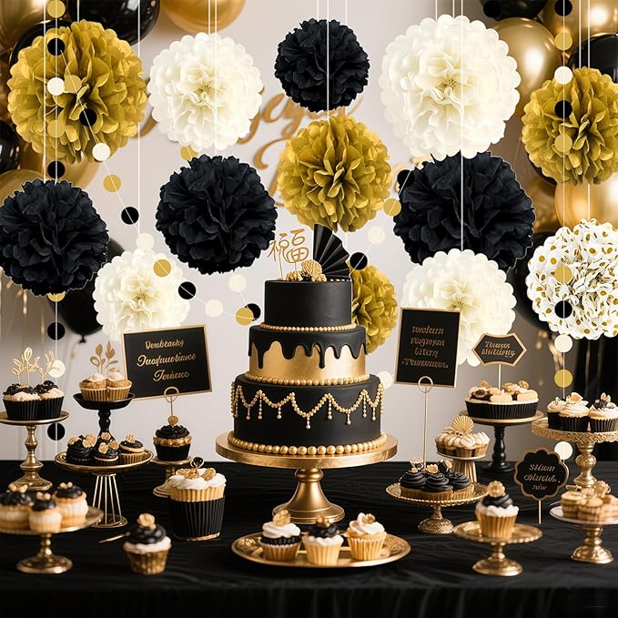 Black and Gold Party Decorations 16 PCS Tissue Paper Pom Poms Dots