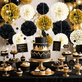 Black and Gold Party Decorations 16 PCS Tissue Paper Pom Poms Dots