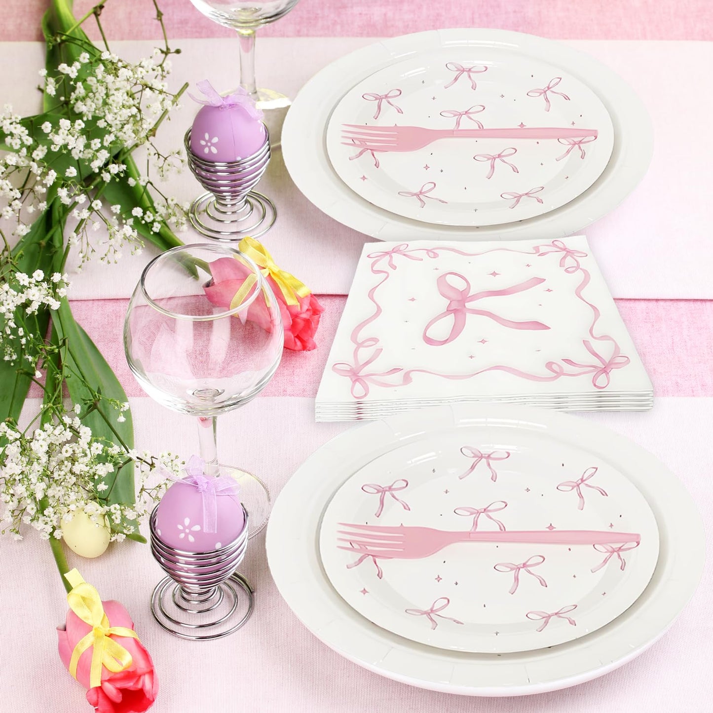100 Pcs Pink Ribbon Bow Party Supplies Set, Serves 25 – Disposable