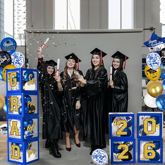 Graduation Decorations Class of 2026 - Blue and Gold Balloons Boxes
