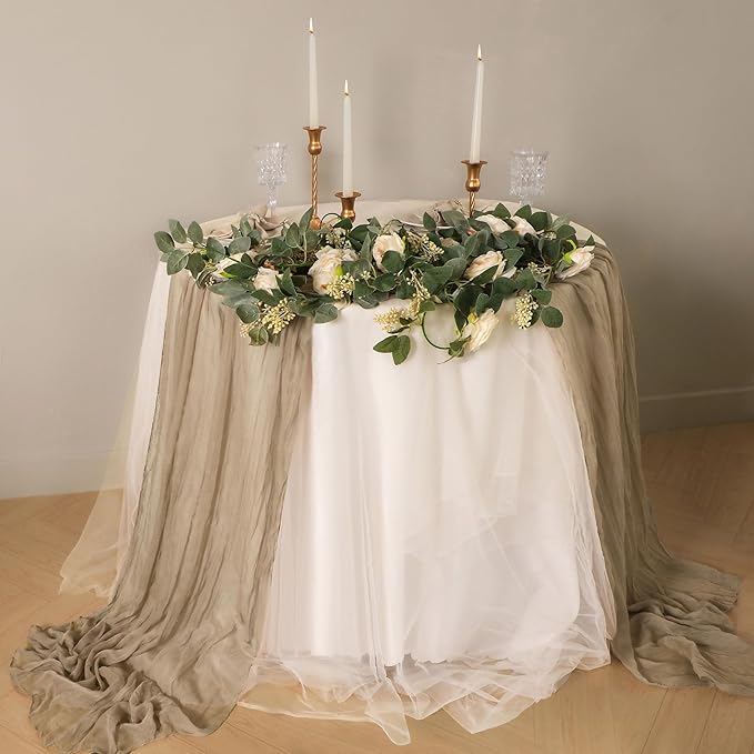 Snowkingdom 6 PCS Nude Brown Cheesecloth Table Runner, Taupe Light