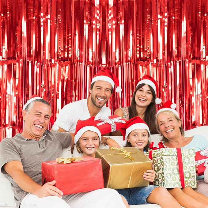 2 Pack Red Metallic Tinsel Foil Fringe Curtain, 3.2Ft x 8.2Ft Tinsel