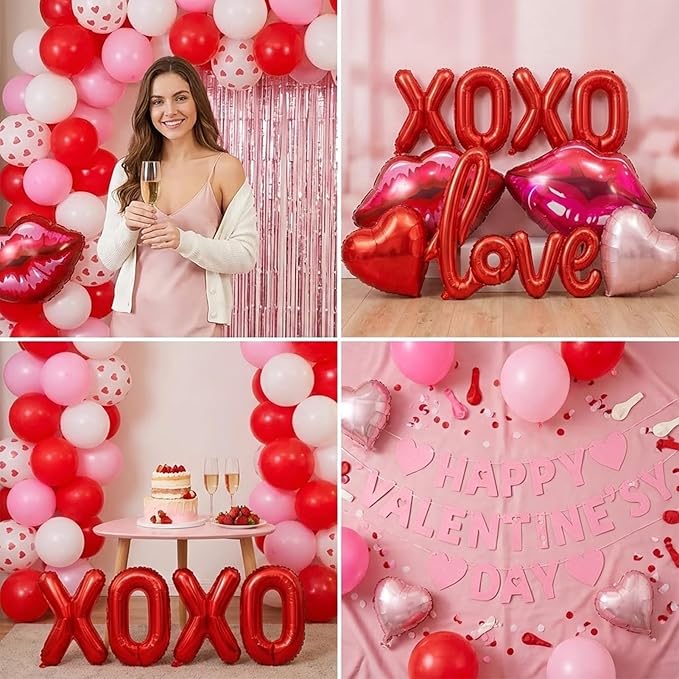 Valentines Day balloon garland arch kit with Banner red Hot pink