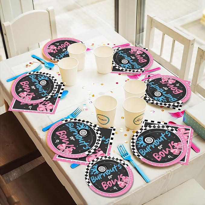 96 Pcs Gender Reveal Burnouts or Bows Party Plate and Napkins