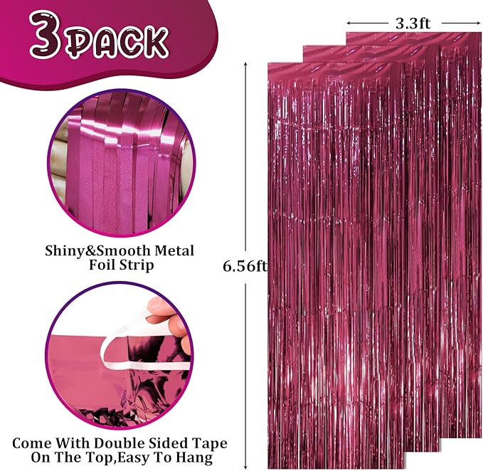 Voircoloria 3 Pack 3.3 x 8.2 ft Burgundy Foil Fringe Backdrop
