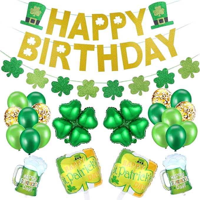 Gold Happy Birthday St Patricks Day Banner and Shamrock Garland