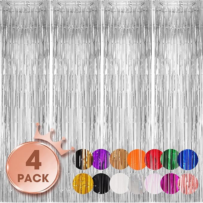 Voircoloria 4 Pack Silver Foil Fringe Backdrop Curtains, Tinsel
