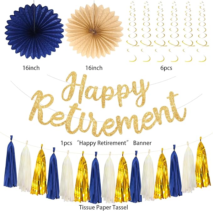 Roetyce Retirement Party Decorations Women Men, Blue Gold Happy