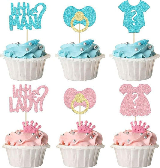 24Pcs Boy or Girl Cupcake Toppers Glitter Gender Reveal Onesie