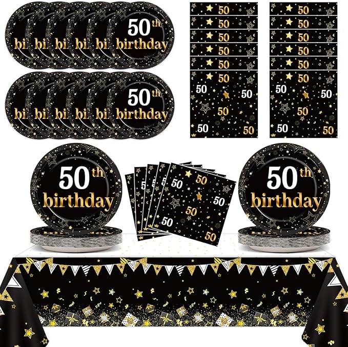 50th Birthday Party Supplies Serves 24 Black and Gold 50 Years Old