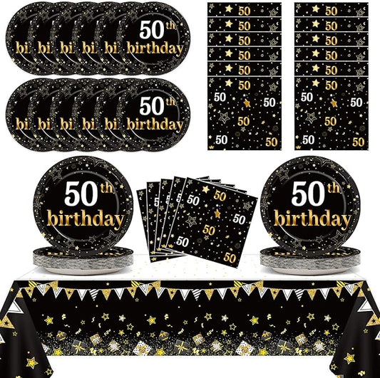 50th Birthday Party Supplies Serves 24 Black and Gold 50 Years Old