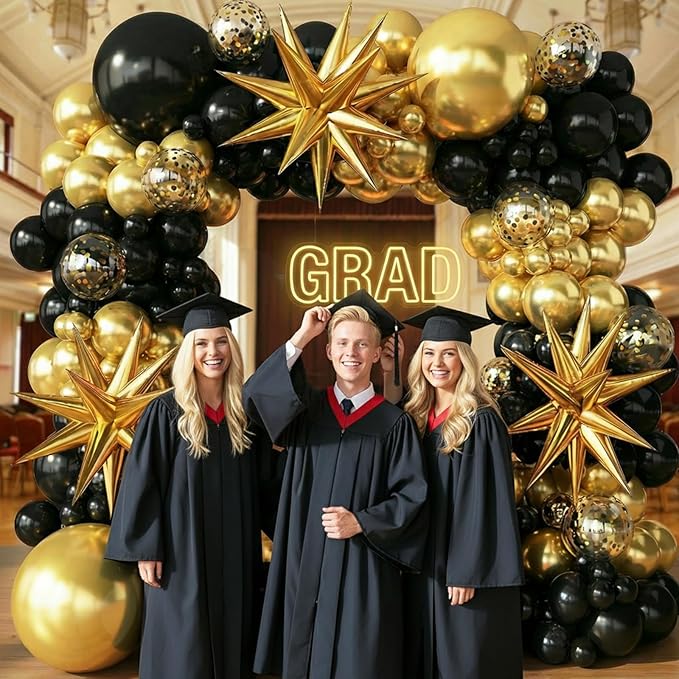 Black and Gold Balloon Garland Arch Kit for 2026 Graduation Birthday