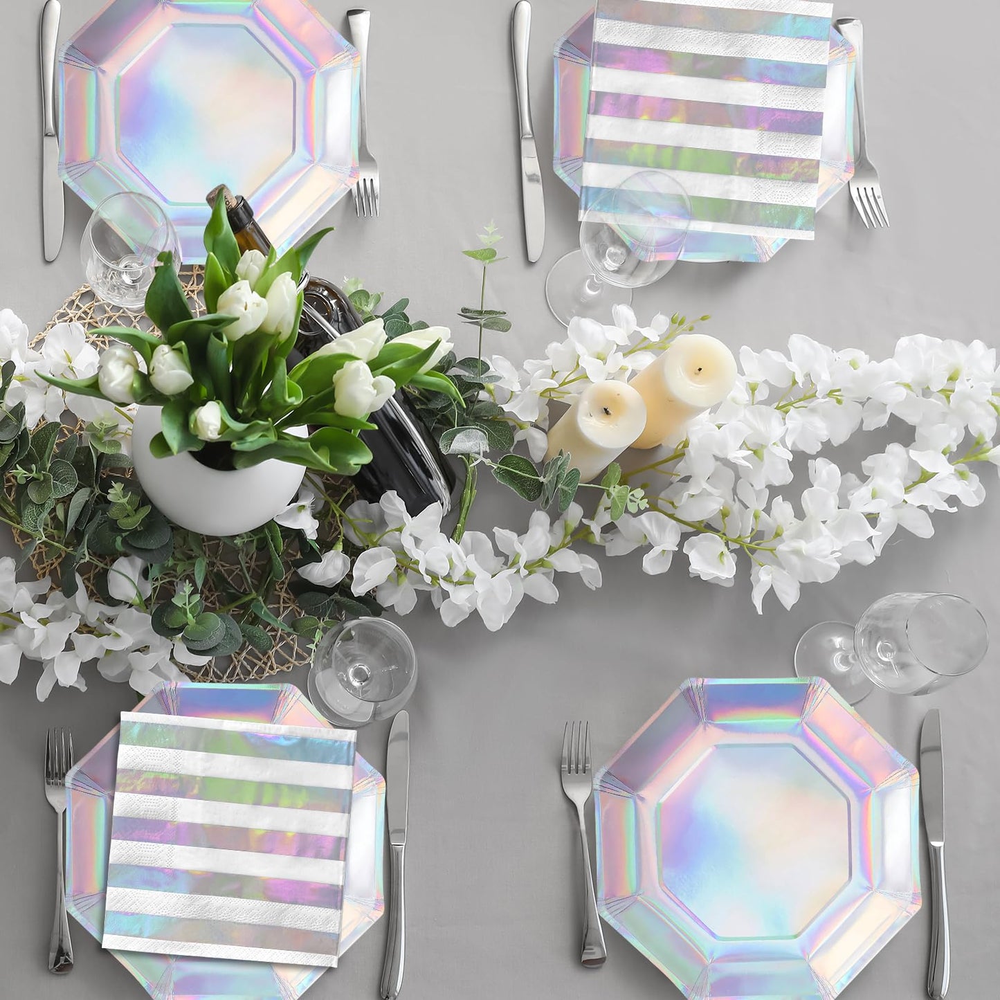 Iridescent Party Supplies - Disposable Paper Plates, Cups and Napkins