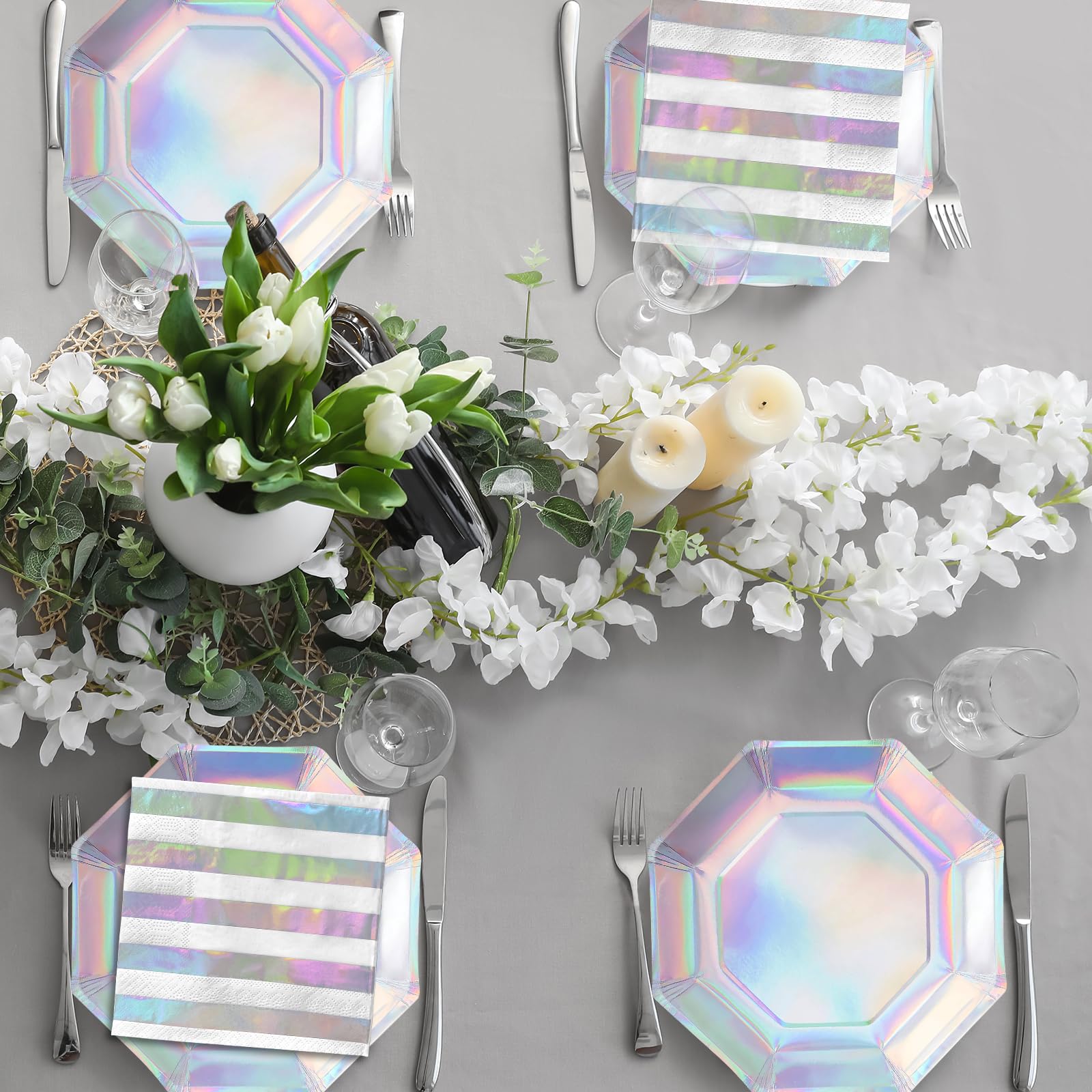 Iridescent Party Supplies - Disposable Paper Plates, Cups and Napkins