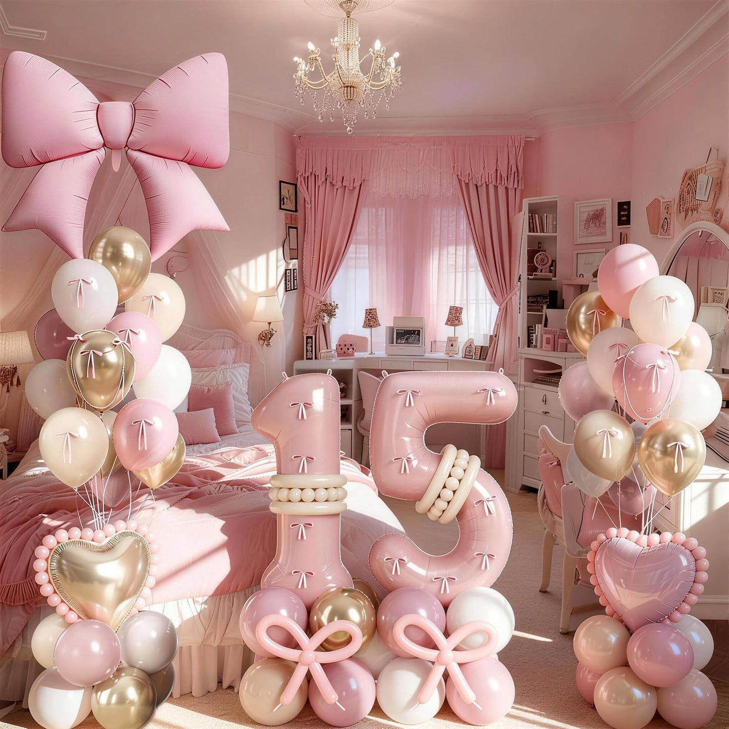 Pink Number 15 Balloon 40 Inch, Dusty Blush Pink Gold White Sand Latex