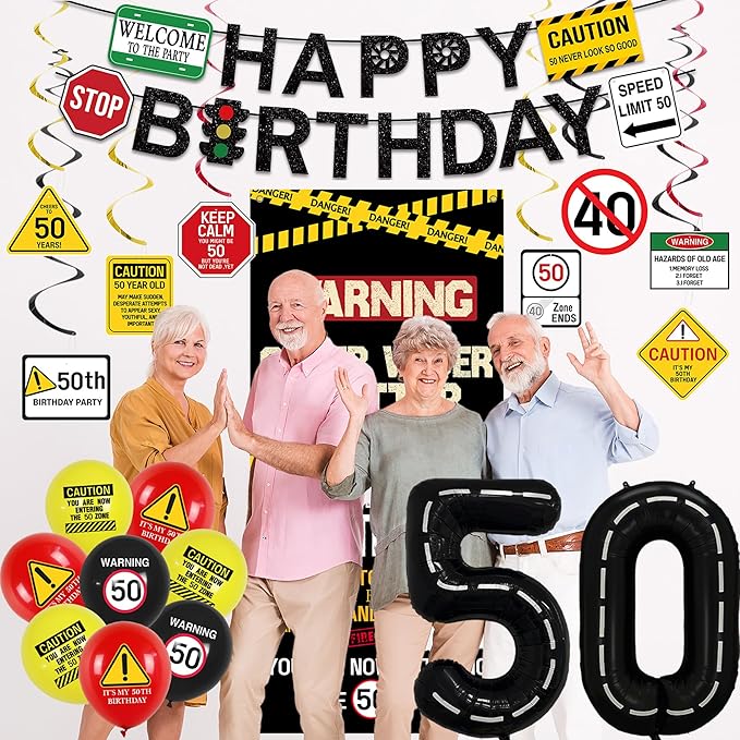 50th Birthday Decorations Men Women Caution Logos Happy 50th
