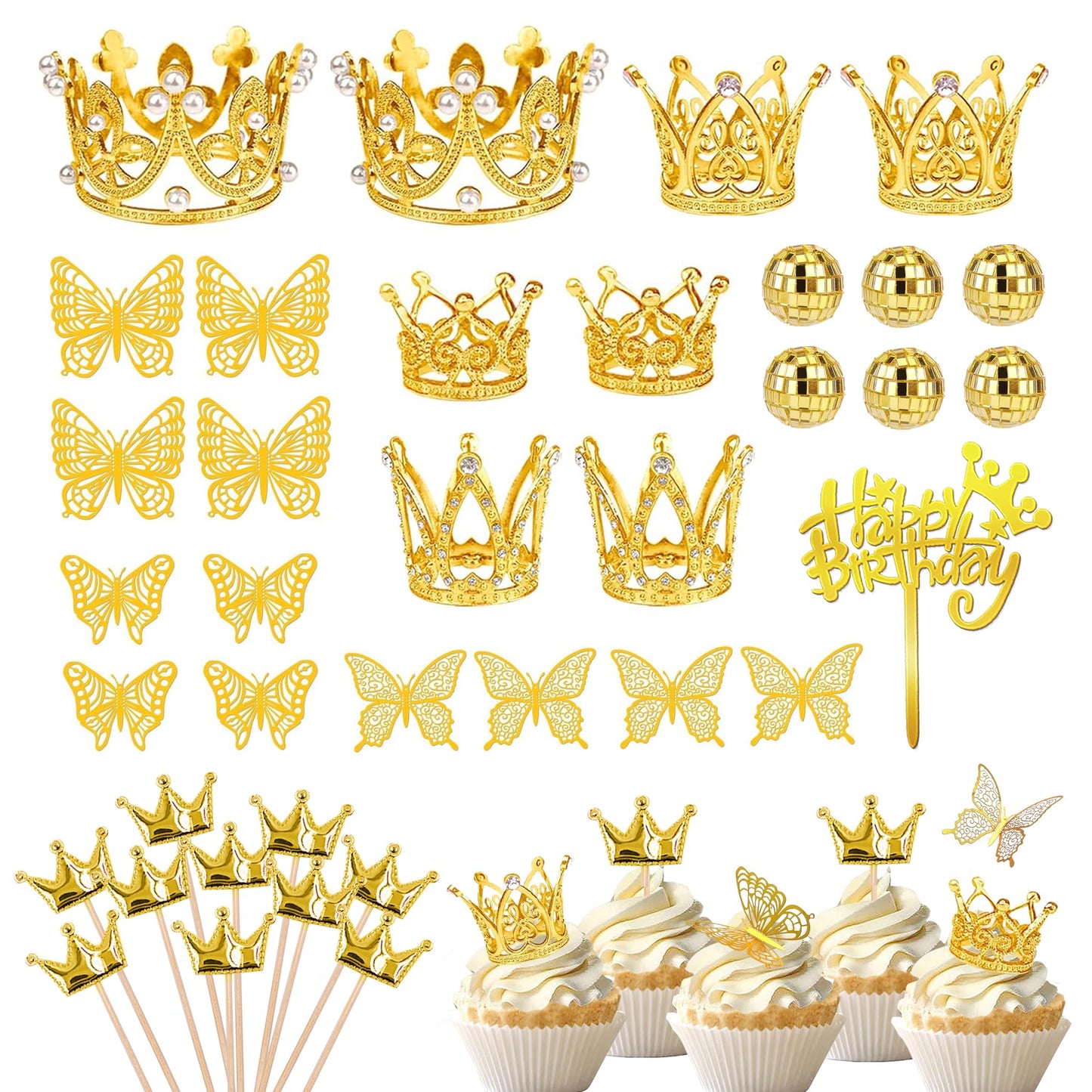 37 PCS Crown Cake Topper Mini Gold Crown Butterfly Disco Ball