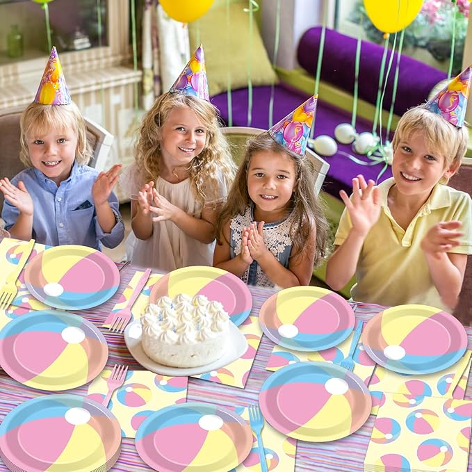 96PCS Summer Macaron Beach Ball Party Paper Plates and Napkins and