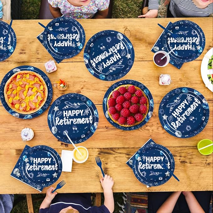 96Pcs Happy Retirement Party Supplies Blue and Silver Plates and
