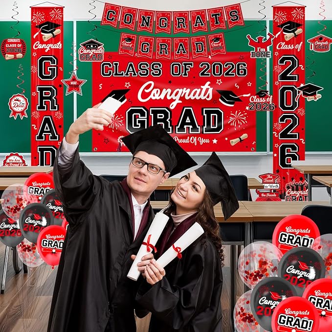 Graduation Decorations Red and Black Party Decor Set include Congrats