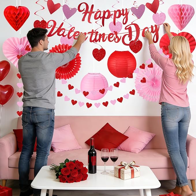 Valentines Day Decorations with Banner Pink Red Heart Shaped Paper